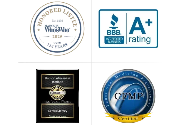 Marquis Who's Who Honored Listee, BBB A+ rating, Best of Central Jersey, Certified Functional Medicine Practitioner